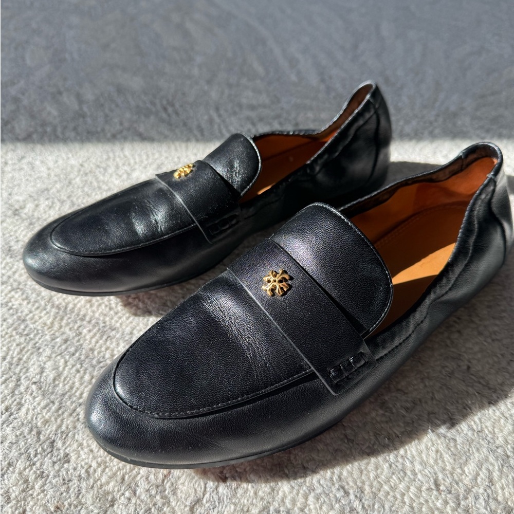 Tory Burch Black Leather Slip-On Loafers with Gold Accent
